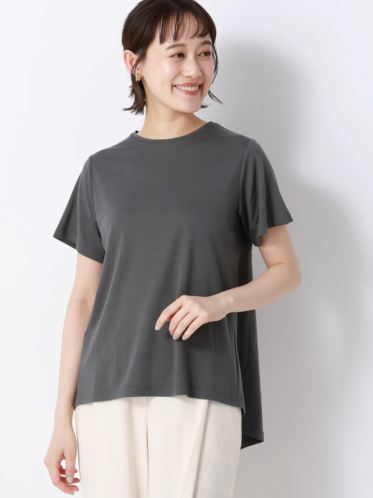 バックフレアTシャツ／半袖／ウォッシャブル／接触冷感／レーヨンストレッチポンチ／BIYORI UP グレー F