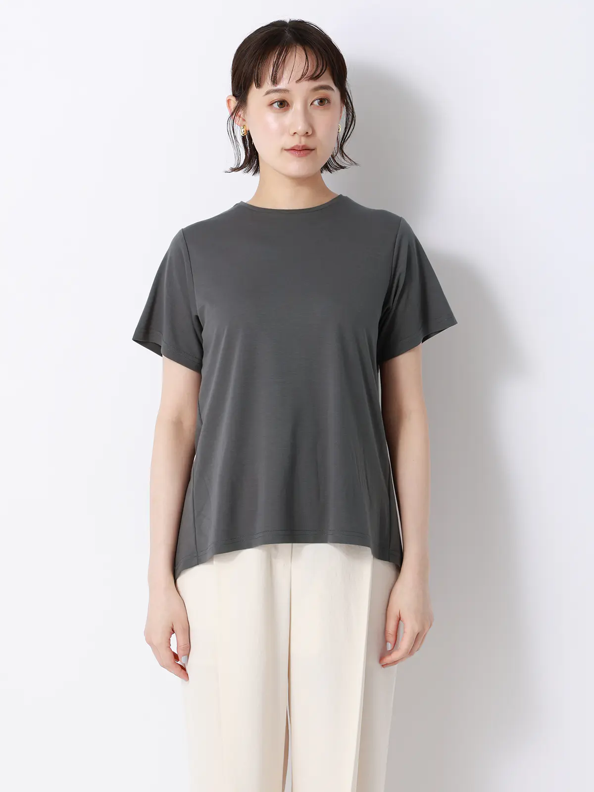 バックフレアTシャツ／半袖／ウォッシャブル／接触冷感／レーヨンストレッチポンチ／BIYORI UP グレー F