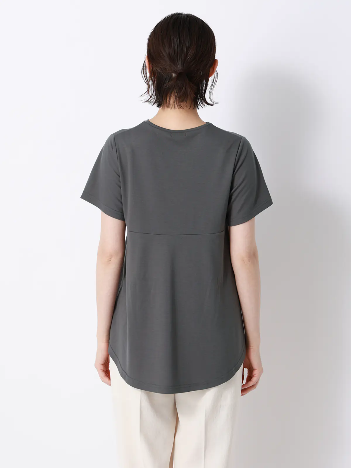 バックフレアTシャツ／半袖／ウォッシャブル／接触冷感／レーヨンストレッチポンチ／BIYORI UP グレー F