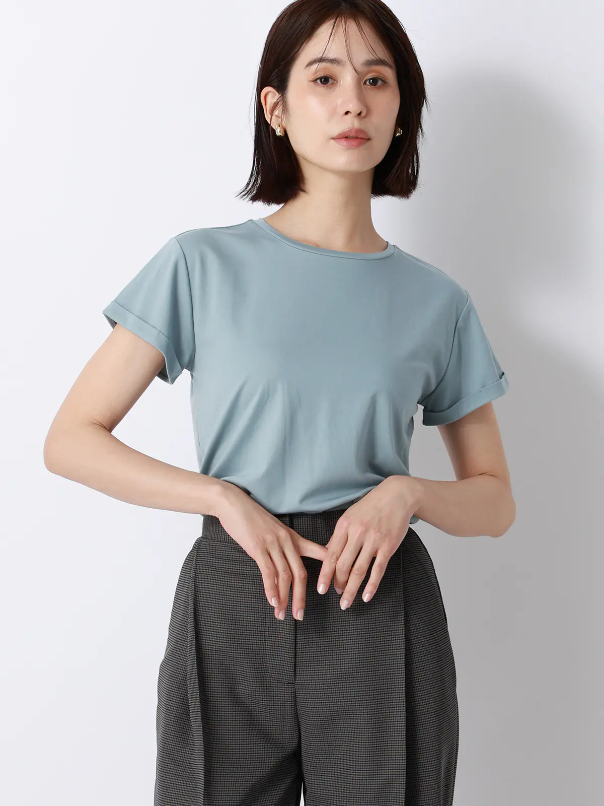 クルーネックTシャツ／半袖／ウォッシャブル／接触冷感／レーヨンストレッチポンチ／BIYORI UP サックス F