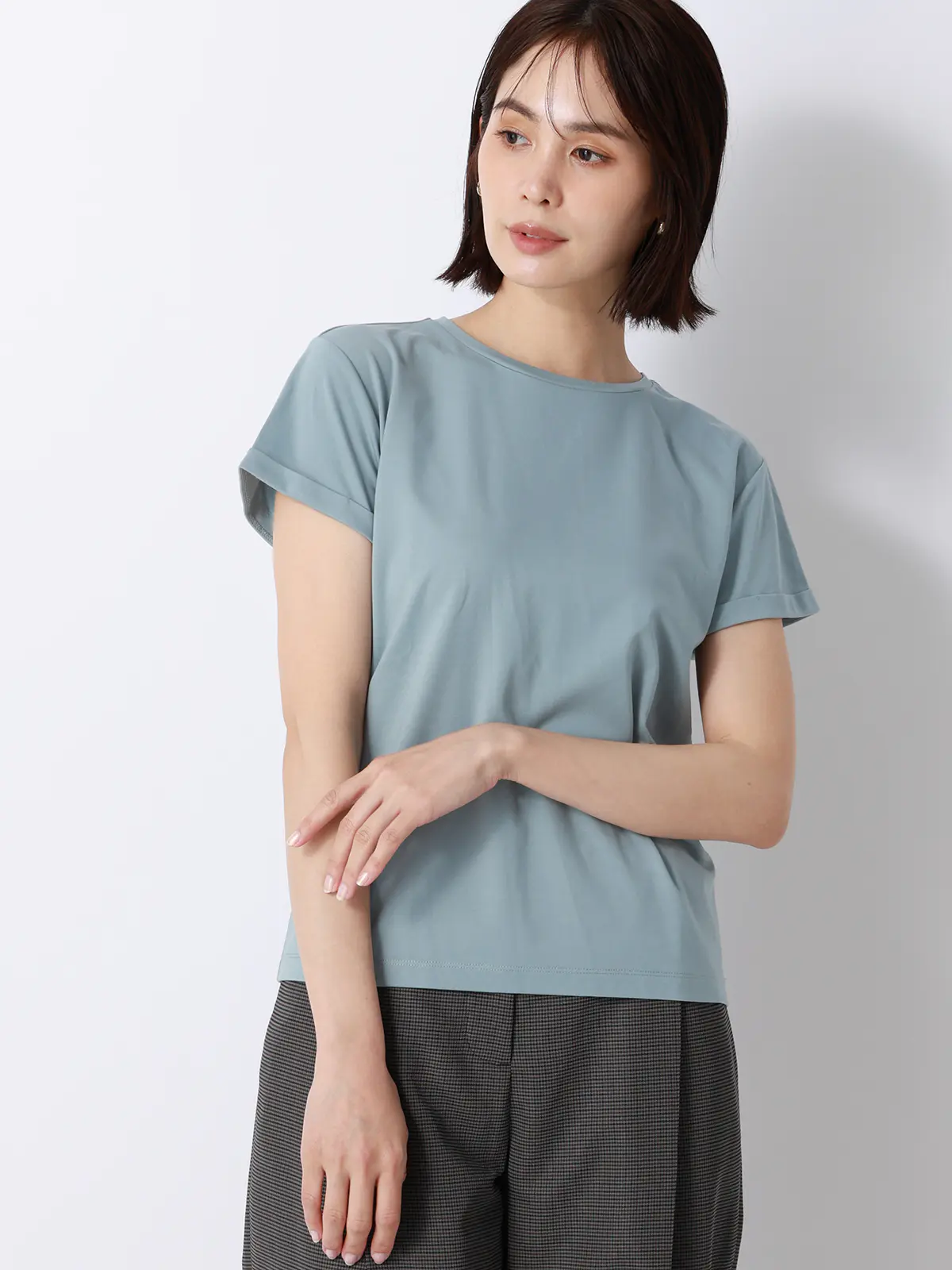 クルーネックTシャツ／半袖／ウォッシャブル／接触冷感／レーヨンストレッチポンチ／BIYORI UP サックス F