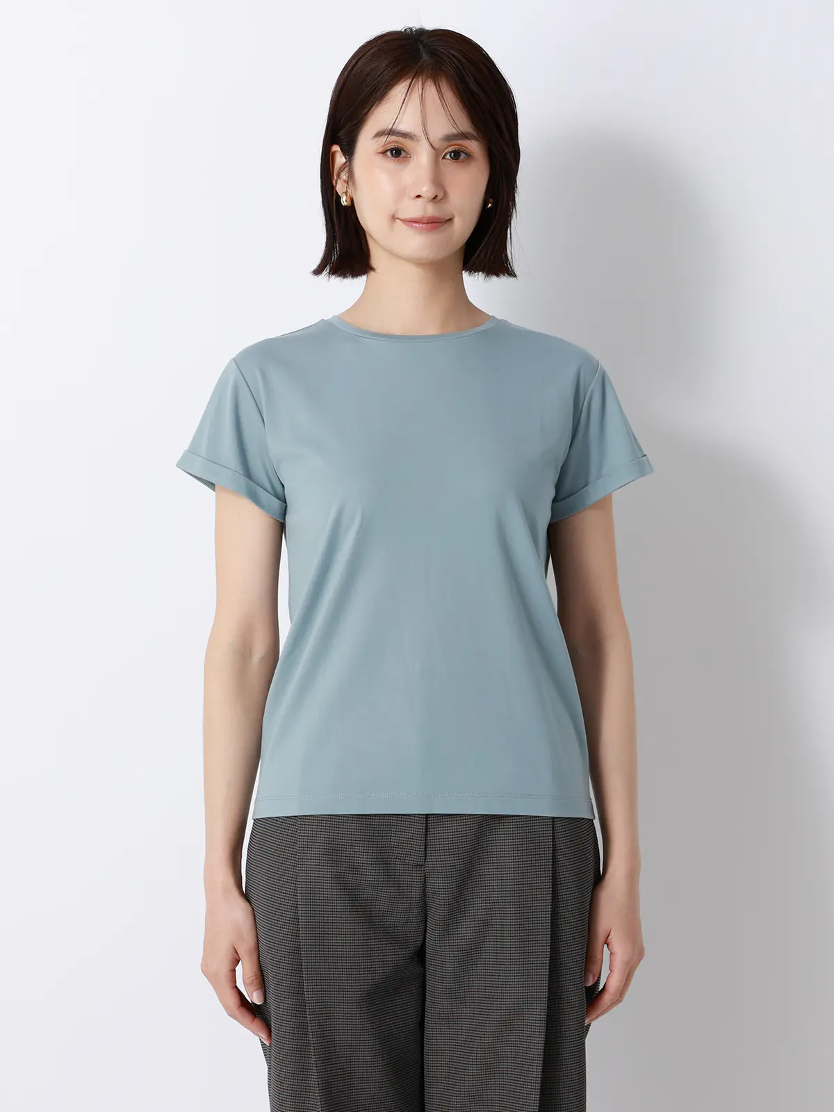 クルーネックTシャツ／半袖／ウォッシャブル／接触冷感／レーヨンストレッチポンチ／BIYORI UP サックス F