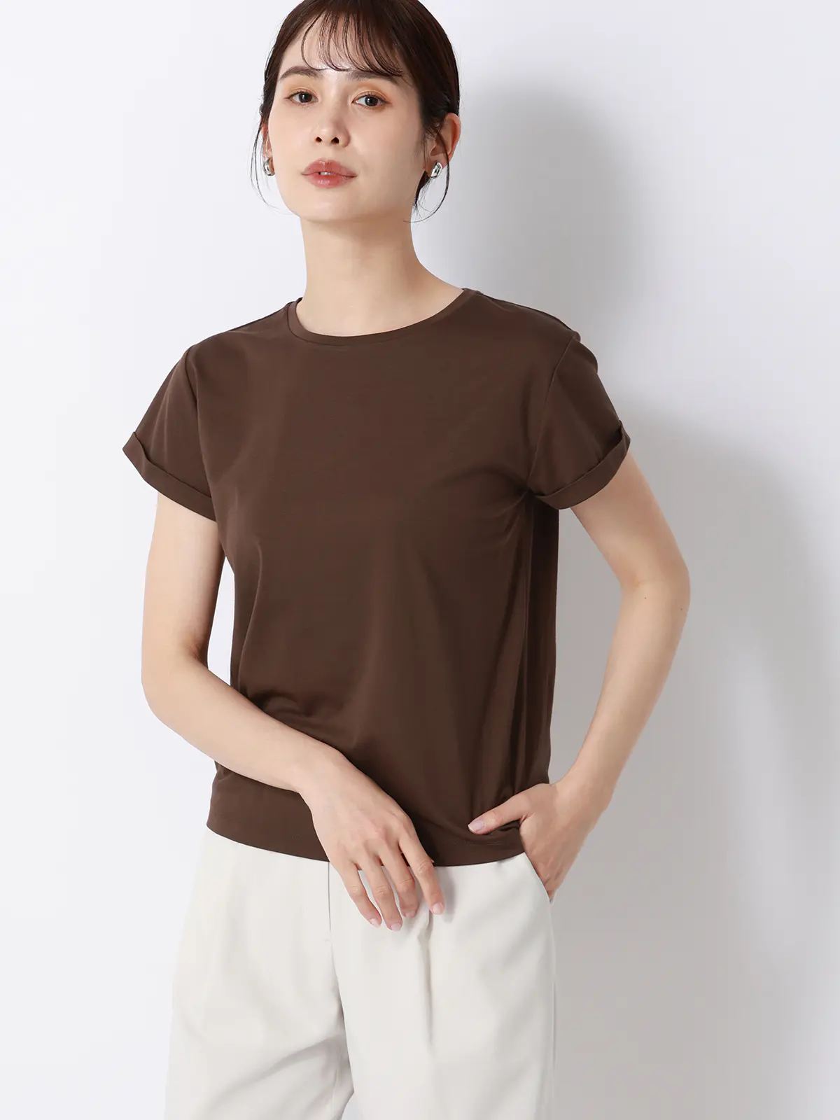 クルーネックTシャツ／半袖／ウォッシャブル／接触冷感／レーヨンストレッチポンチ／BIYORI UP ブラウン F