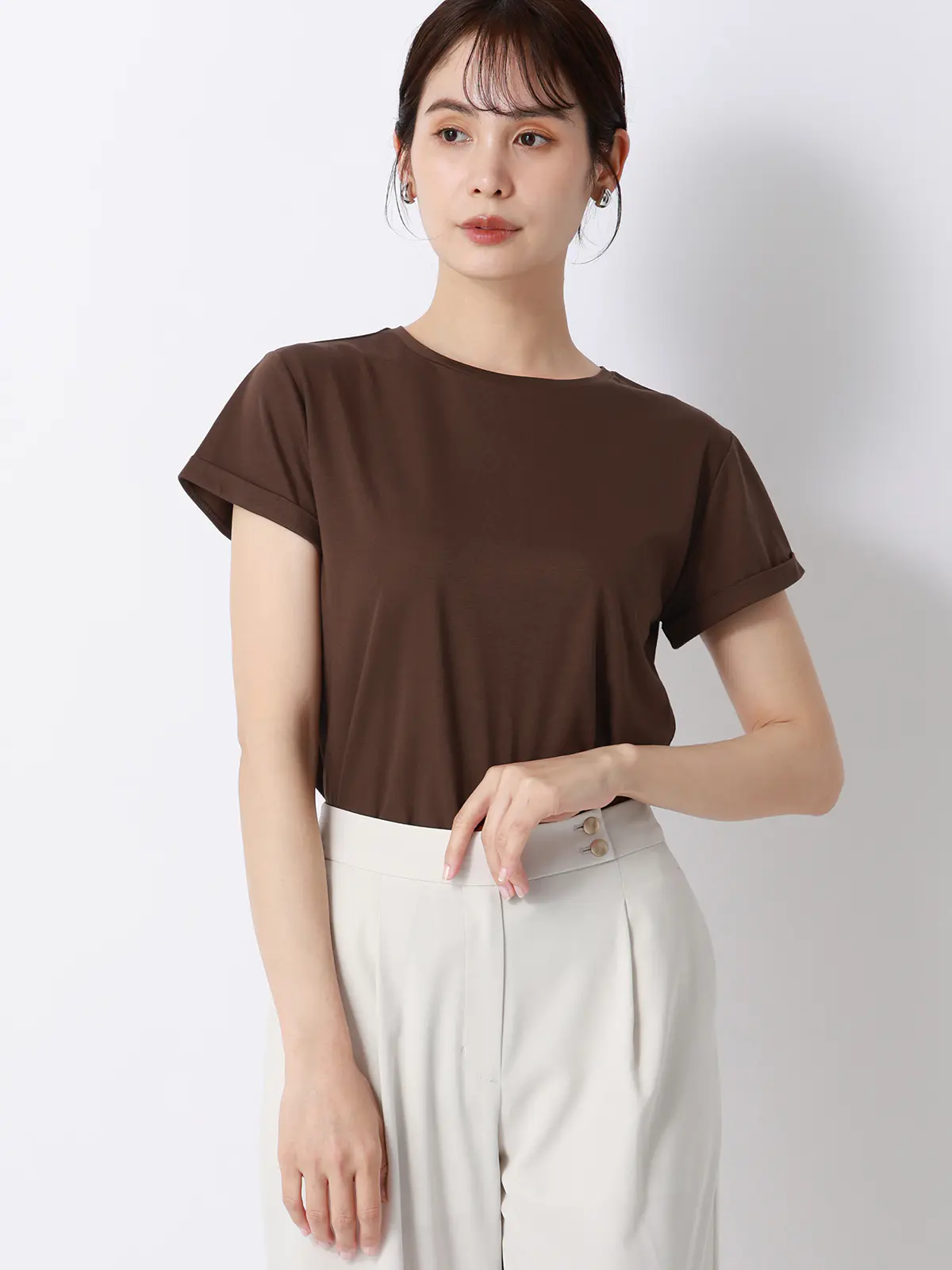 クルーネックTシャツ／半袖／ウォッシャブル／接触冷感／レーヨンストレッチポンチ／BIYORI UP ブラウン F