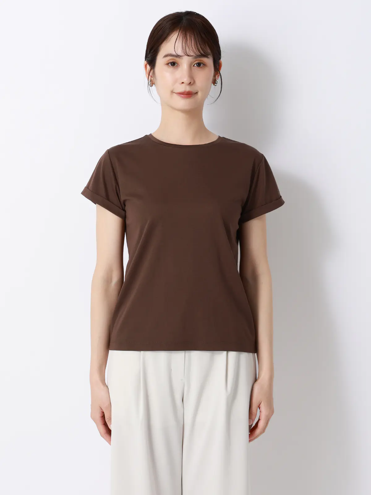 クルーネックTシャツ／半袖／ウォッシャブル／接触冷感／レーヨンストレッチポンチ／BIYORI UP ブラウン F