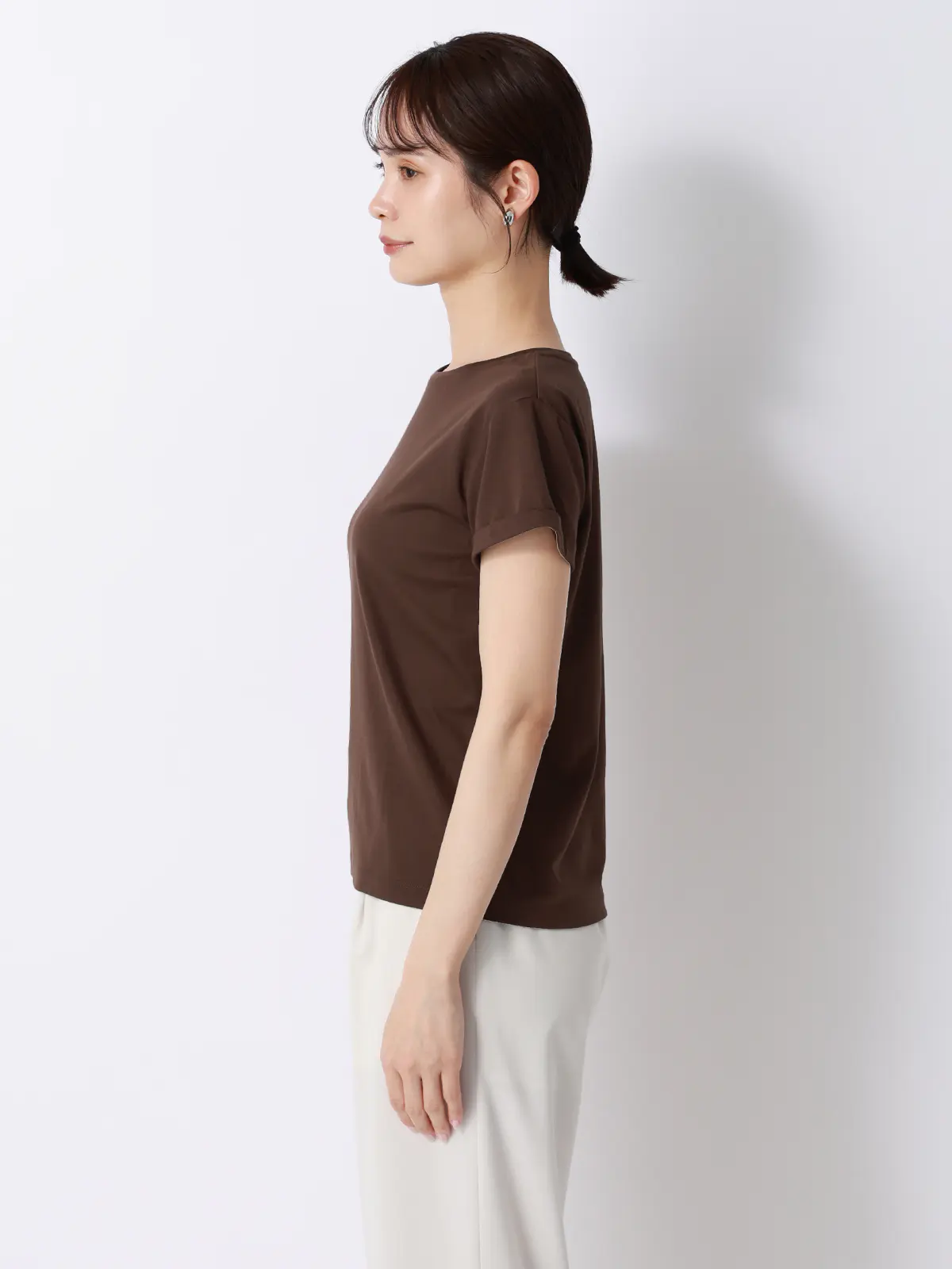 クルーネックTシャツ／半袖／ウォッシャブル／接触冷感／レーヨンストレッチポンチ／BIYORI UP ブラウン F