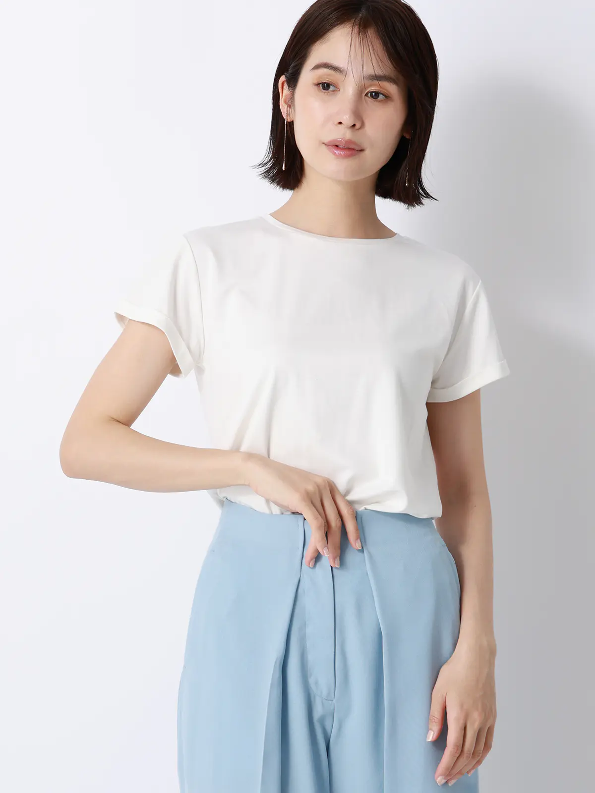 クルーネックTシャツ/半袖/ウォッシャブル/接触冷感/レーヨンストレッチポンチ/BIYORI UP オフホワイト F