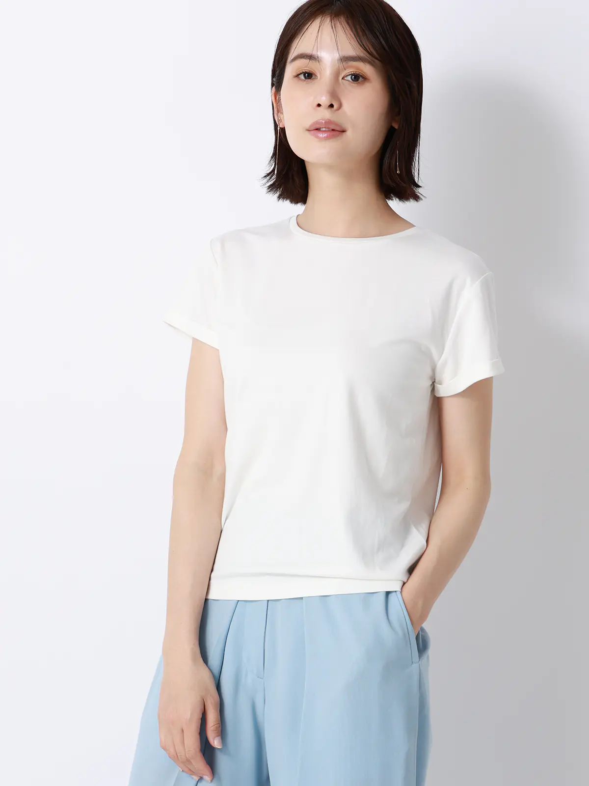 クルーネックTシャツ/半袖/ウォッシャブル/接触冷感/レーヨンストレッチポンチ/BIYORI UP オフホワイト F