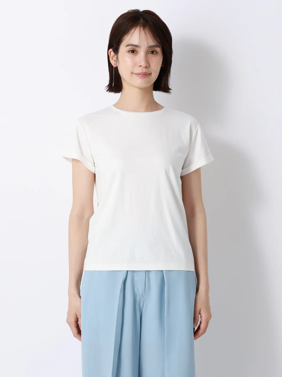 クルーネックTシャツ/半袖/ウォッシャブル/接触冷感/レーヨンストレッチポンチ/BIYORI UP オフホワイト F