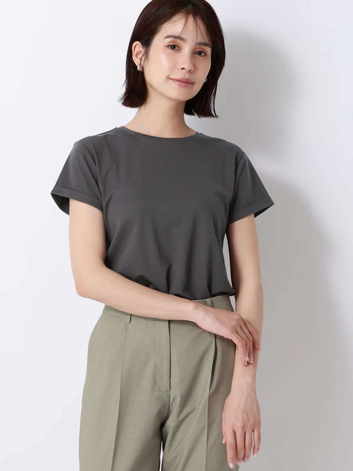 クルーネックTシャツ／半袖／ウォッシャブル／接触冷感／レーヨンストレッチポンチ／BIYORI UP グレー F