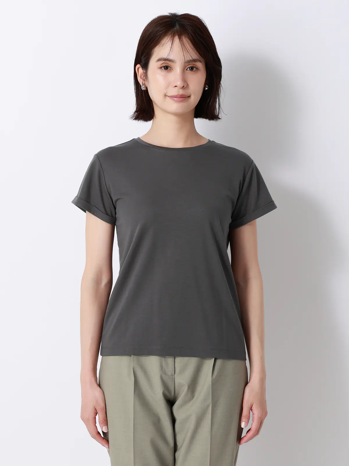 クルーネックTシャツ／半袖／ウォッシャブル／接触冷感／レーヨンストレッチポンチ／BIYORI UP グレー F