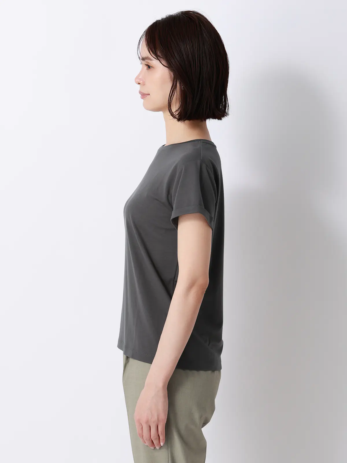 クルーネックTシャツ／半袖／ウォッシャブル／接触冷感／レーヨンストレッチポンチ／BIYORI UP グレー F