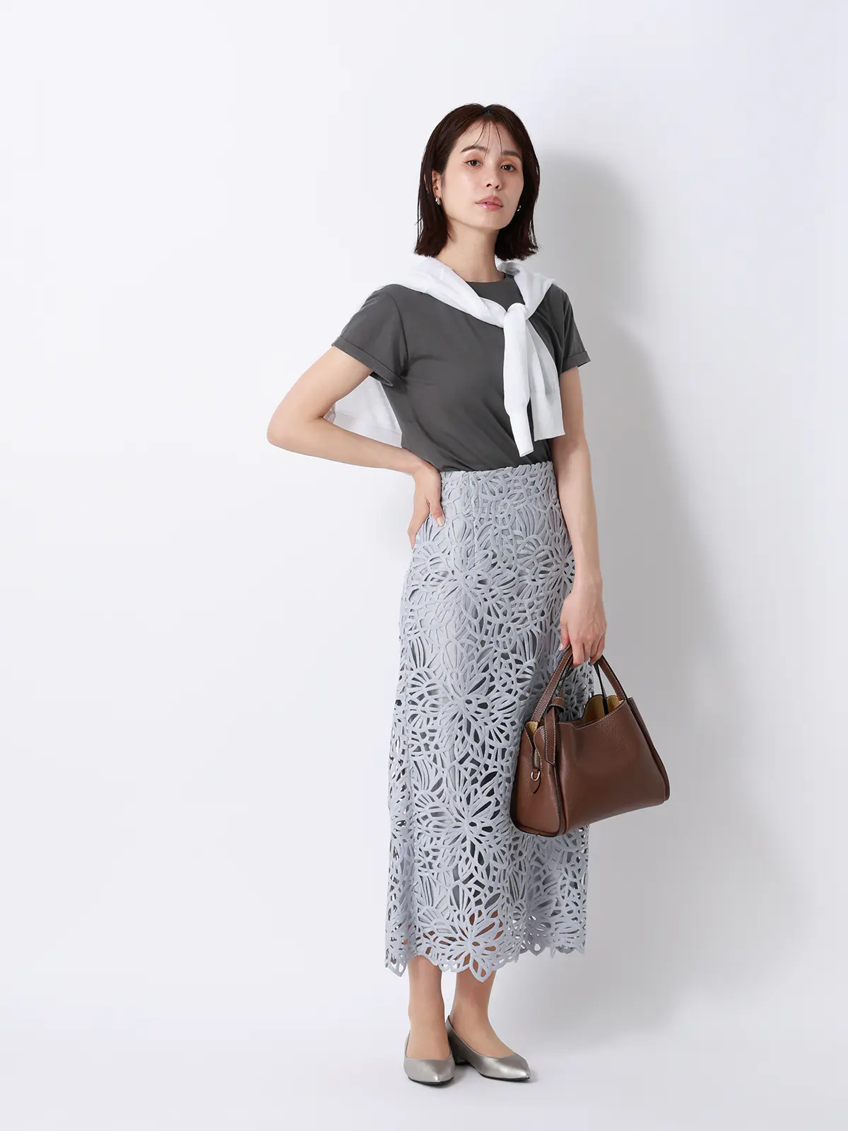 クルーネックTシャツ／半袖／ウォッシャブル／接触冷感／レーヨンストレッチポンチ／BIYORI UP グレー F