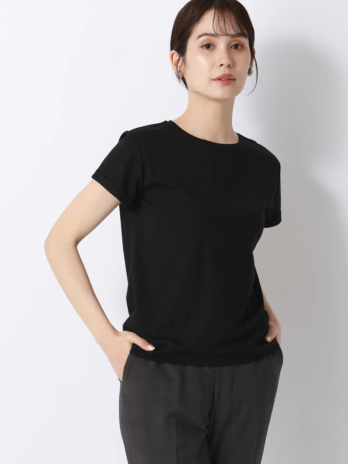 クルーネックTシャツ/半袖/ウォッシャブル/接触冷感/レーヨンストレッチポンチ/BIYORI UP ブラック F