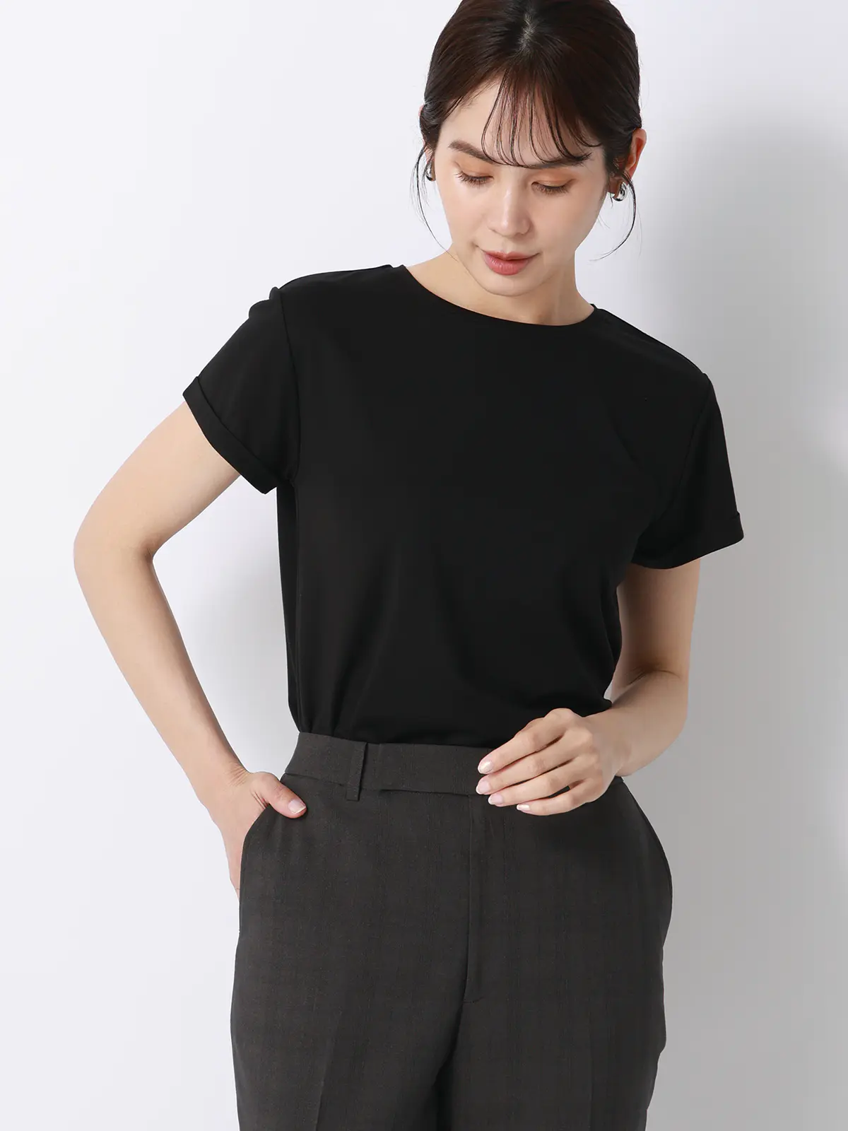 クルーネックTシャツ/半袖/ウォッシャブル/接触冷感/レーヨンストレッチポンチ/BIYORI UP ブラック F