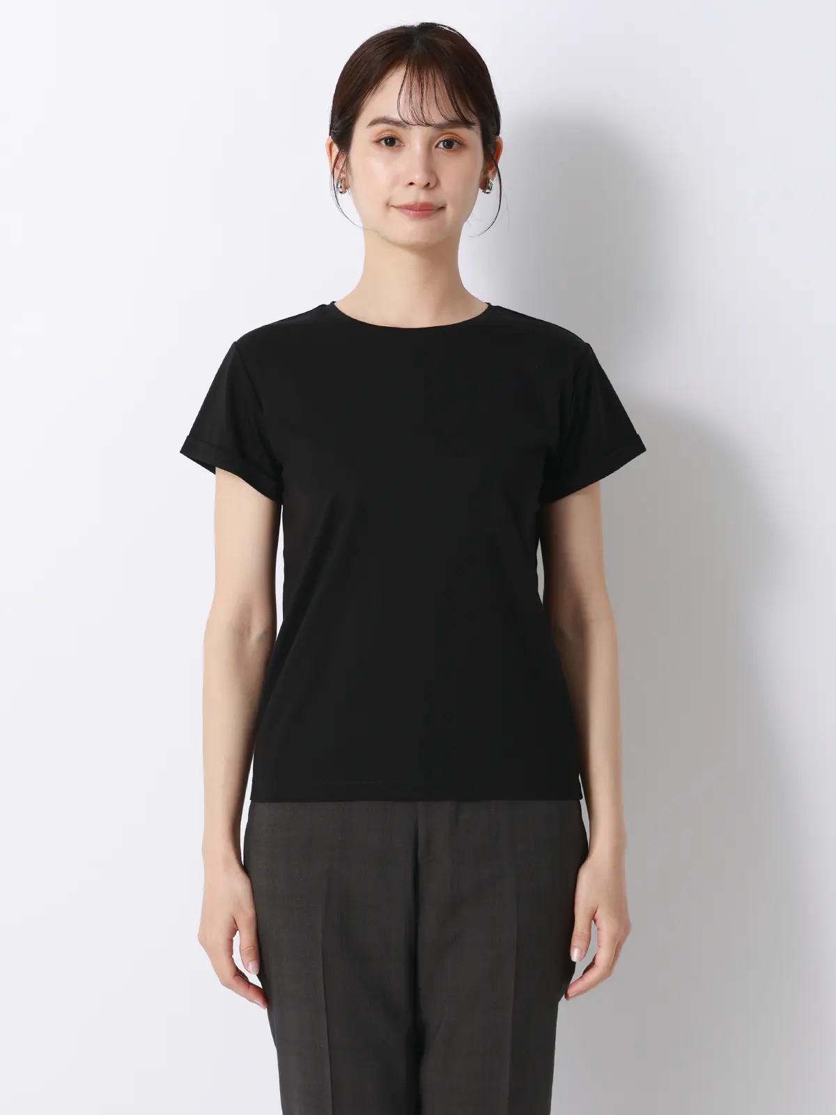 クルーネックTシャツ/半袖/ウォッシャブル/接触冷感/レーヨンストレッチポンチ/BIYORI UP ブラック F