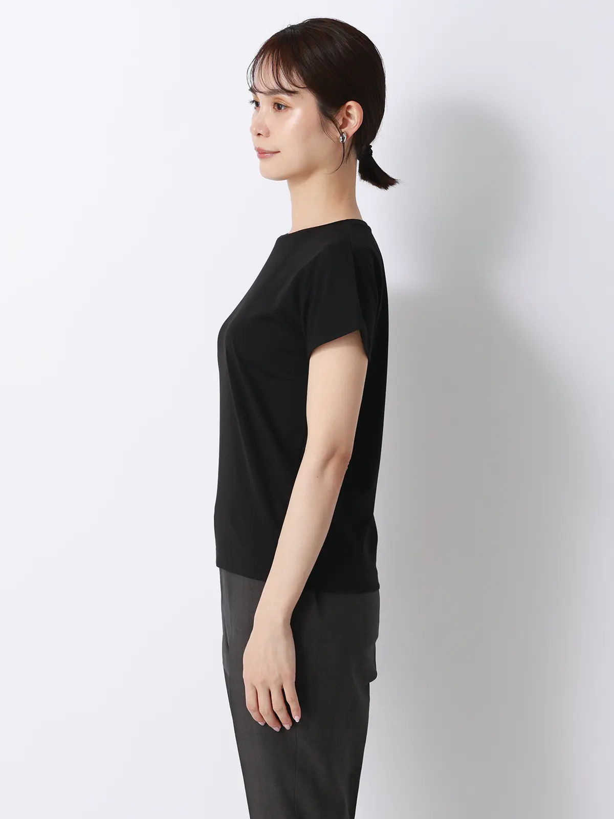 クルーネックTシャツ/半袖/ウォッシャブル/接触冷感/レーヨンストレッチポンチ/BIYORI UP ブラック F