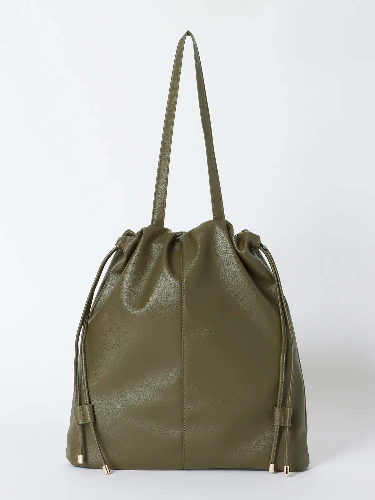 巾着トートバッグ／2WAY／シュリンクフェイクレザー カーキ F