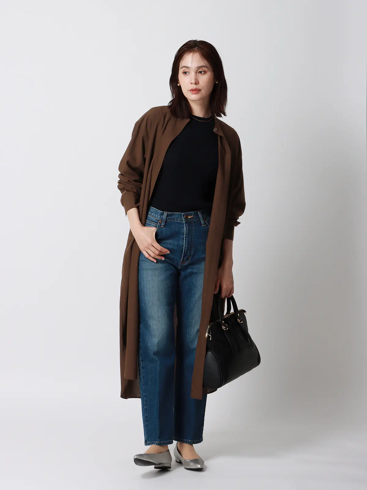 バンドカラーオーバーサイズロングシャツ／ウォッシャブル／接触冷感／UVカット／BIYORI UP ブラウン系 38(9号）