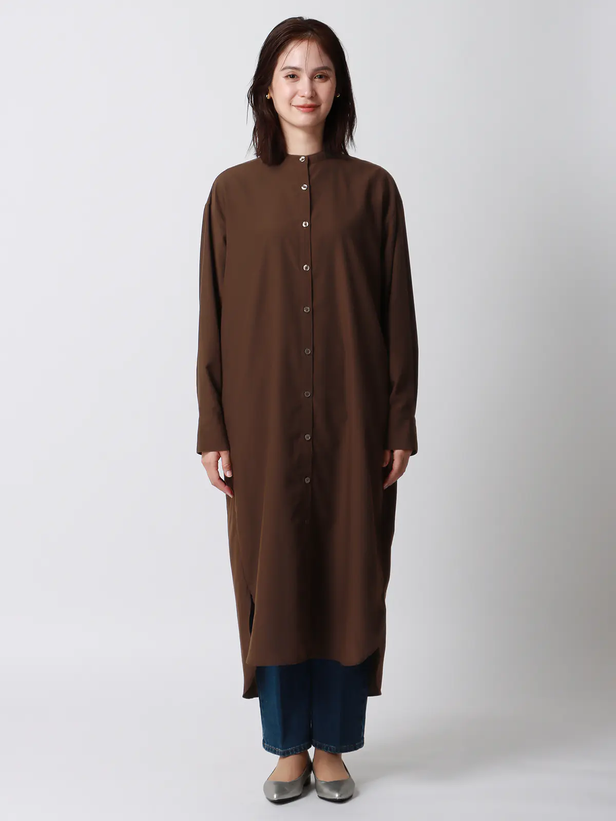 バンドカラーオーバーサイズロングシャツ／ウォッシャブル／接触冷感／UVカット／BIYORI UP ブラウン系 38(9号）