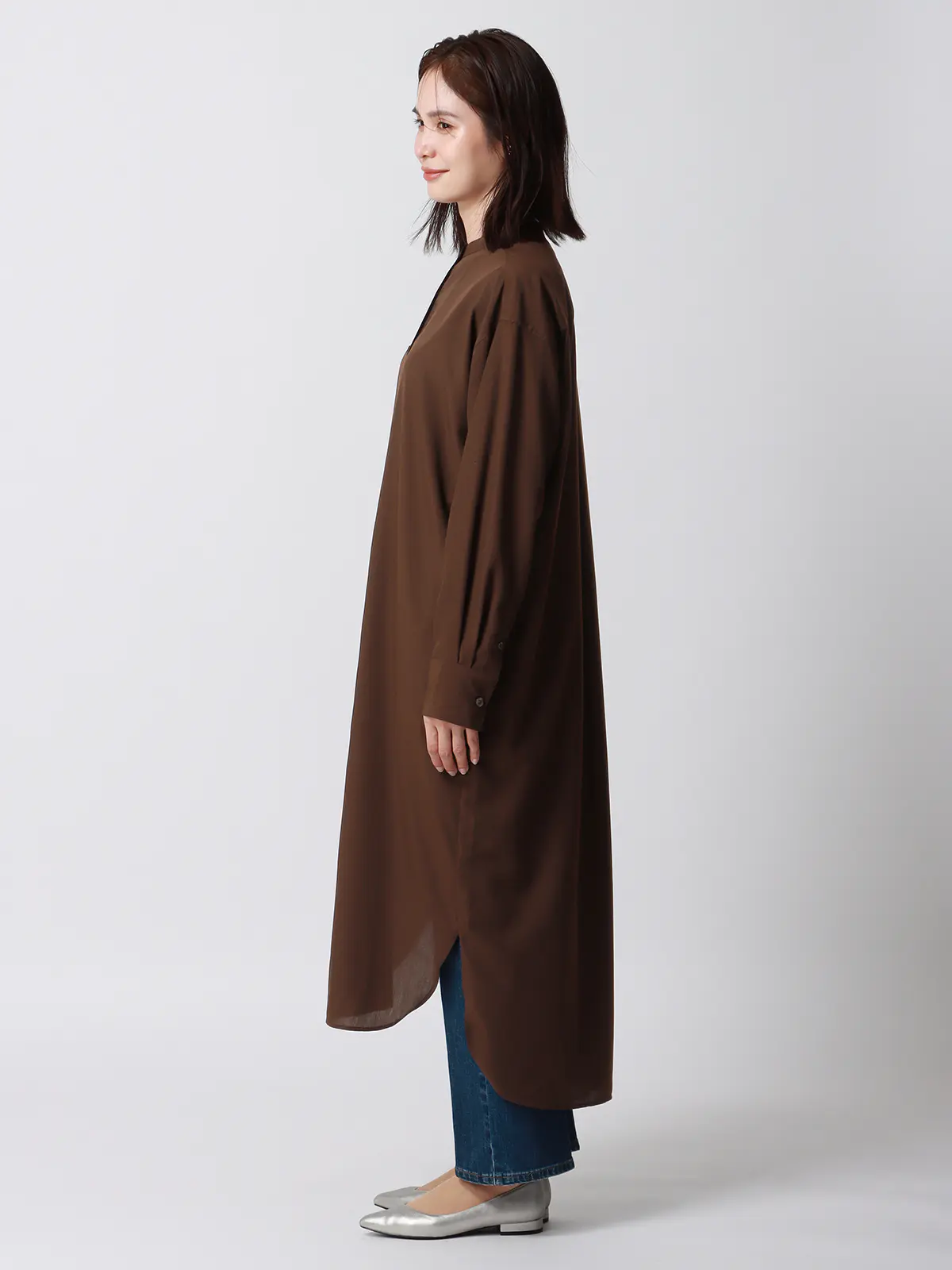 バンドカラーオーバーサイズロングシャツ／ウォッシャブル／接触冷感／UVカット／BIYORI UP ブラウン系 38(9号）