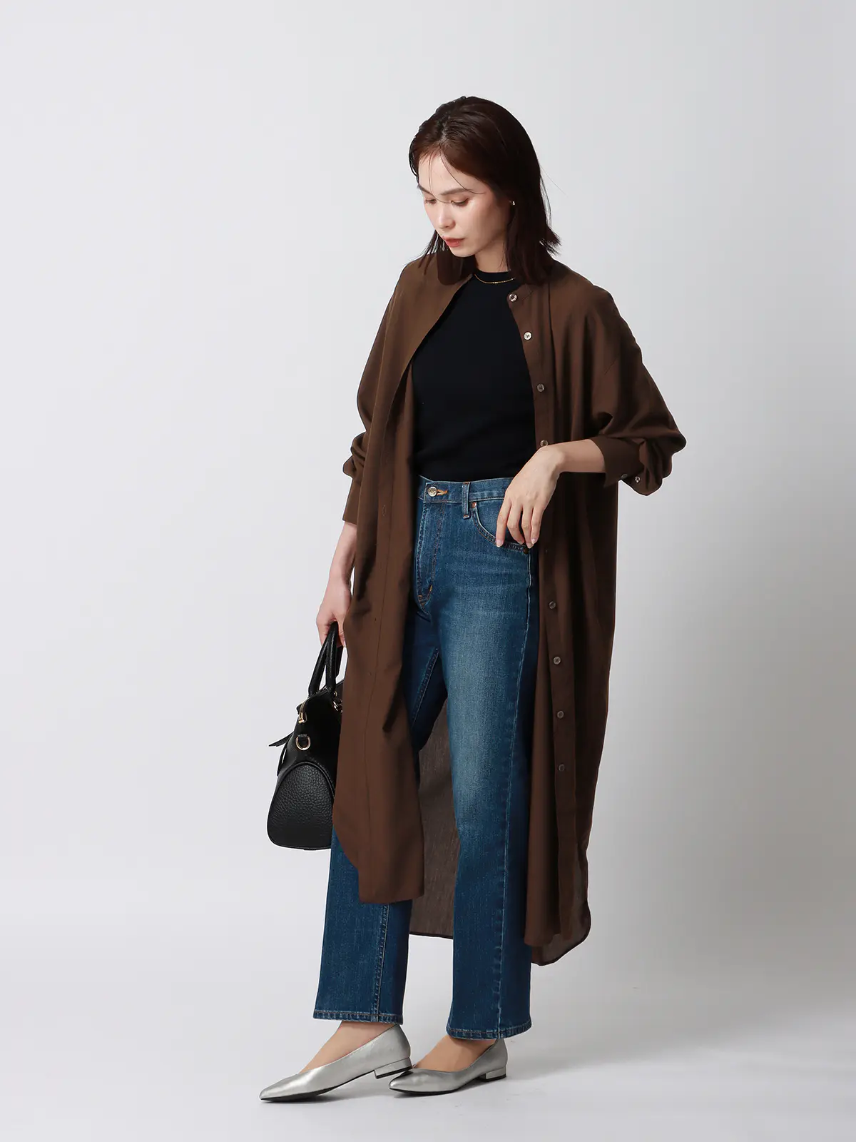 バンドカラーオーバーサイズロングシャツ／ウォッシャブル／接触冷感／UVカット／BIYORI UP ブラウン系 38(9号）