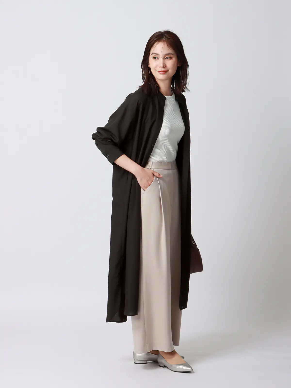 バンドカラーオーバーサイズロングシャツ／ウォッシャブル／接触冷感／UVカット／BIYORI UP ブラック系 38(9号）