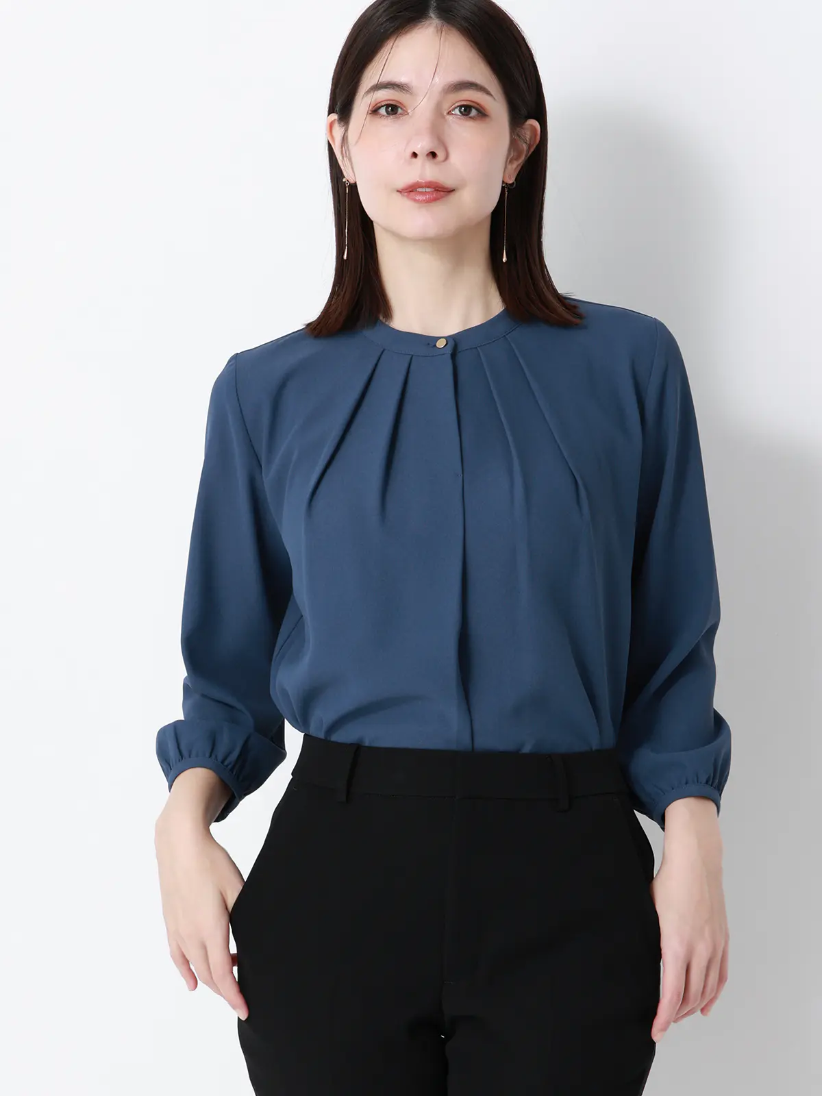 フロントタックブラウス／7分袖／ウォッシャブル／ジョーゼット／無地 ブルー 38(9号）