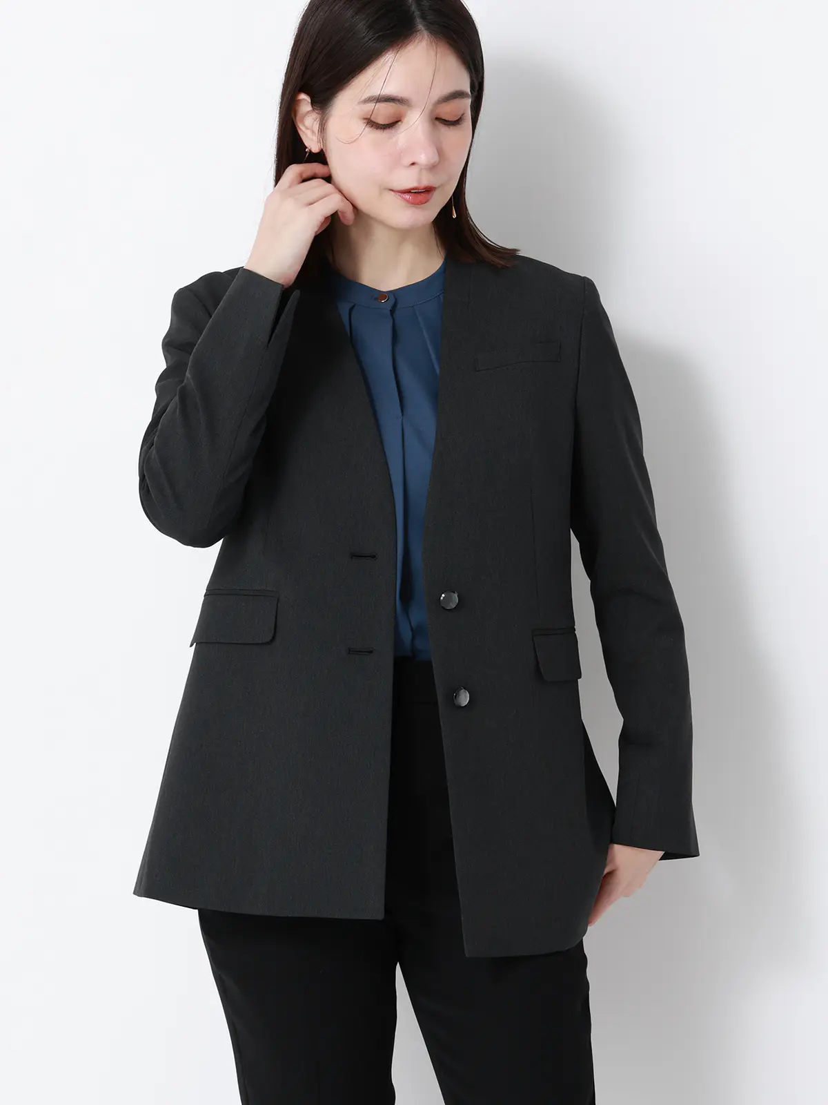 フロントタックブラウス／7分袖／ウォッシャブル／ジョーゼット／無地 ブルー 38(9号）