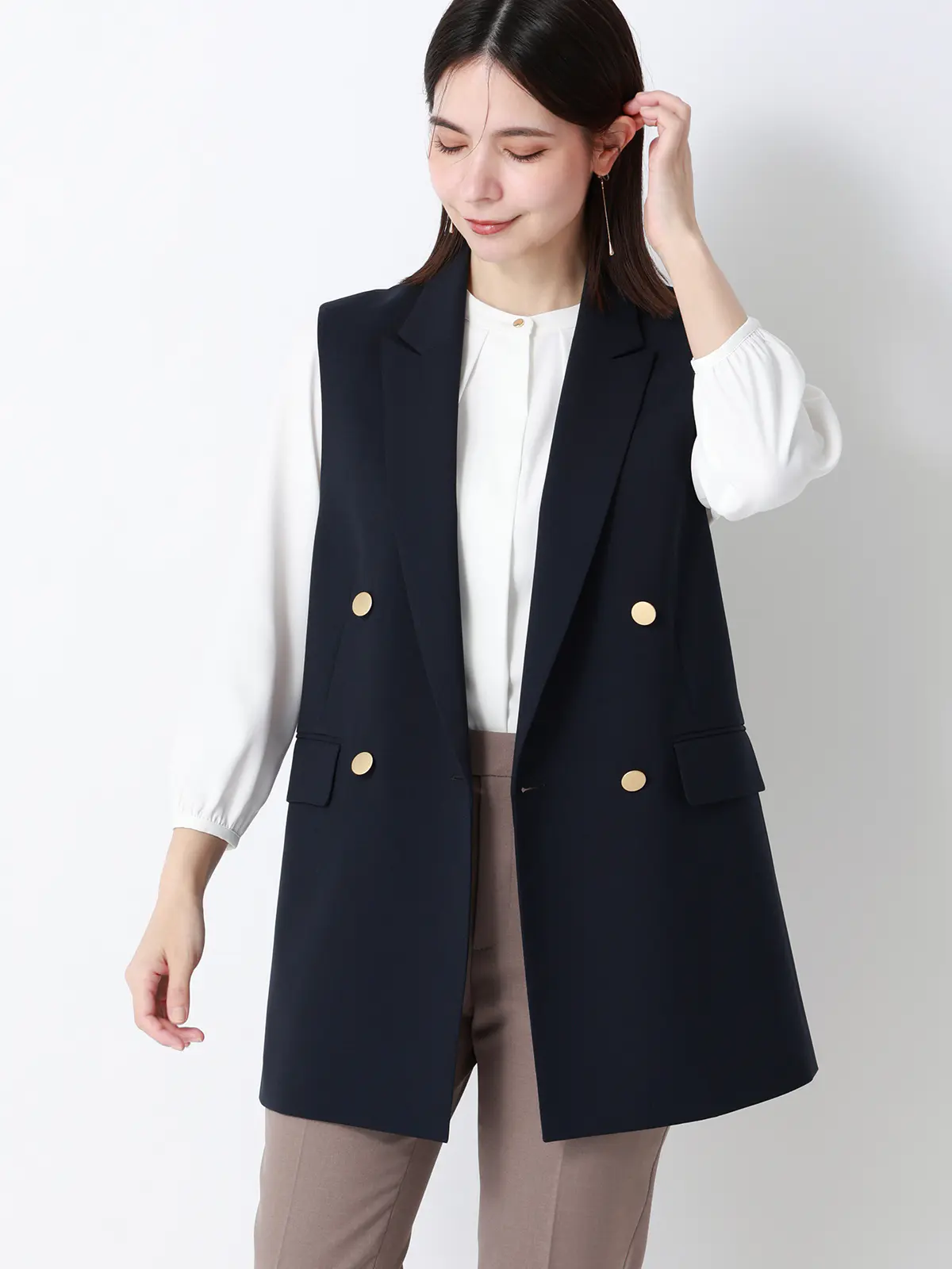 フロントタックブラウス／7分袖／ウォッシャブル／ジョーゼット／無地 オフホワイト 38(9号）