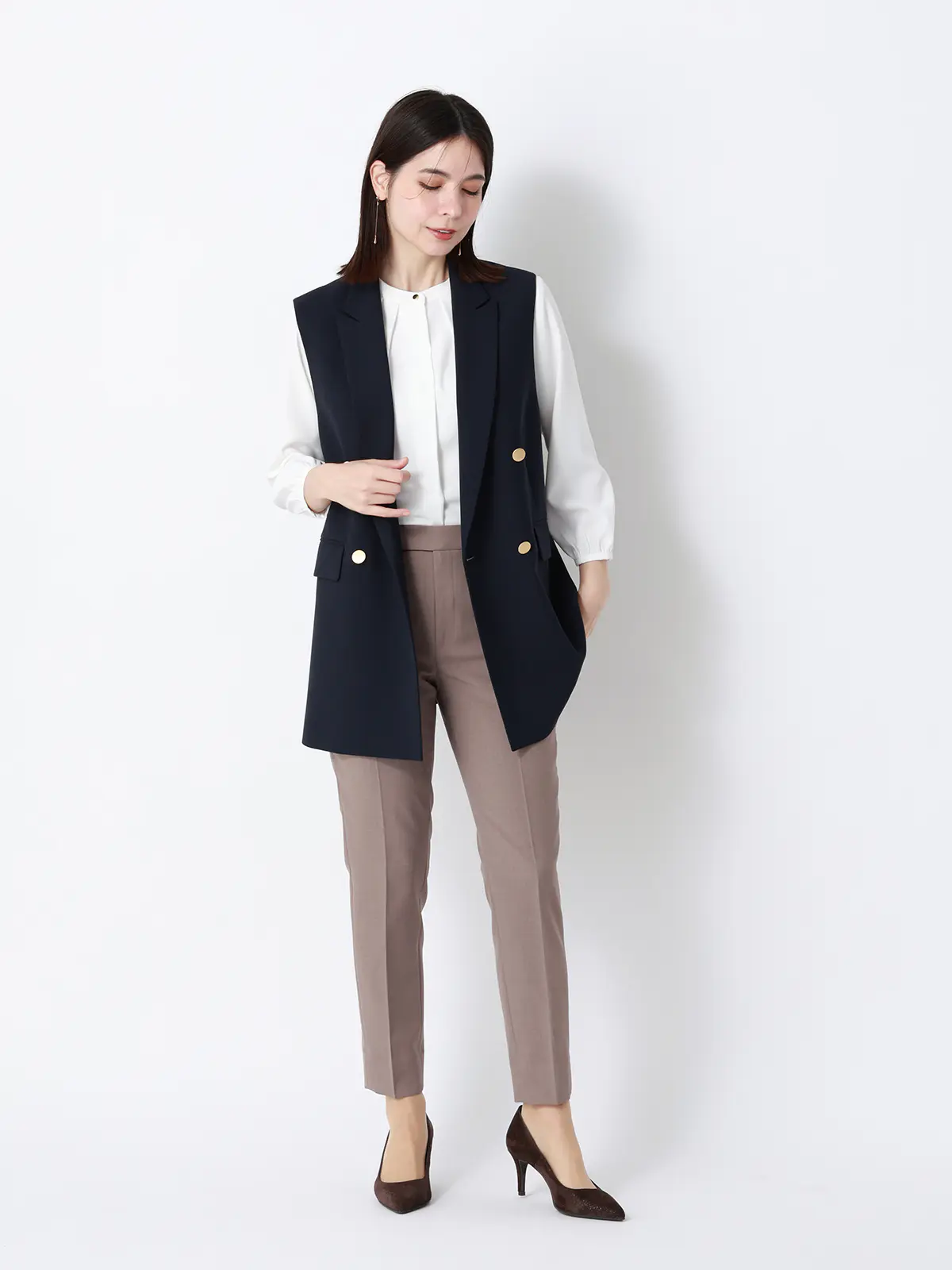 フロントタックブラウス／7分袖／ウォッシャブル／ジョーゼット／無地 オフホワイト 38(9号）