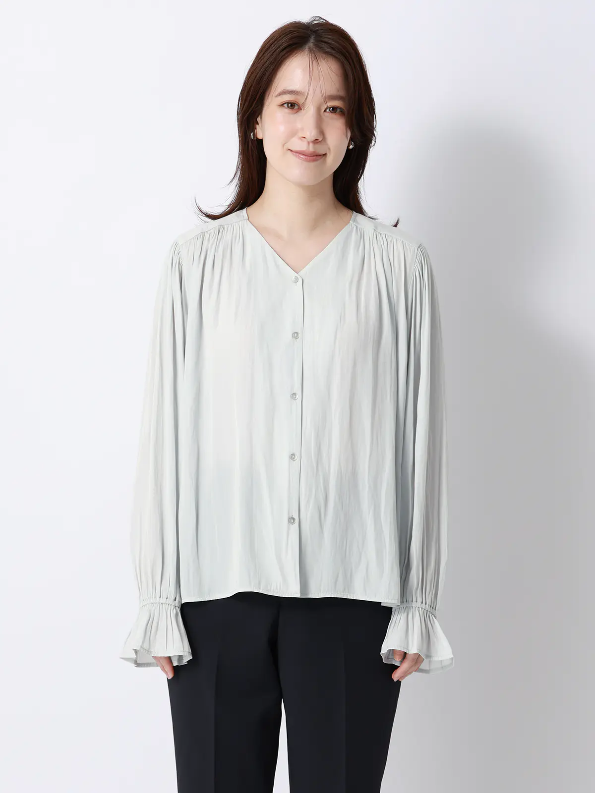 ボウタイブラウス/ウォッシャブル/接触冷感/割繊ポリエステル/無地 サックス 38(9号)