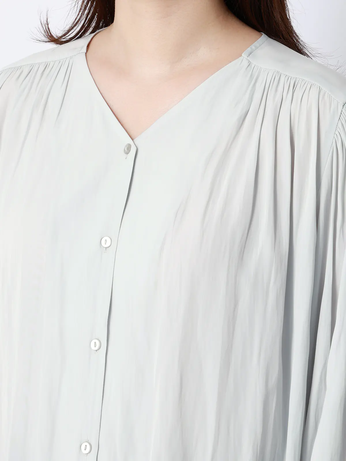 ボウタイブラウス/ウォッシャブル/接触冷感/割繊ポリエステル/無地 サックス 38(9号)