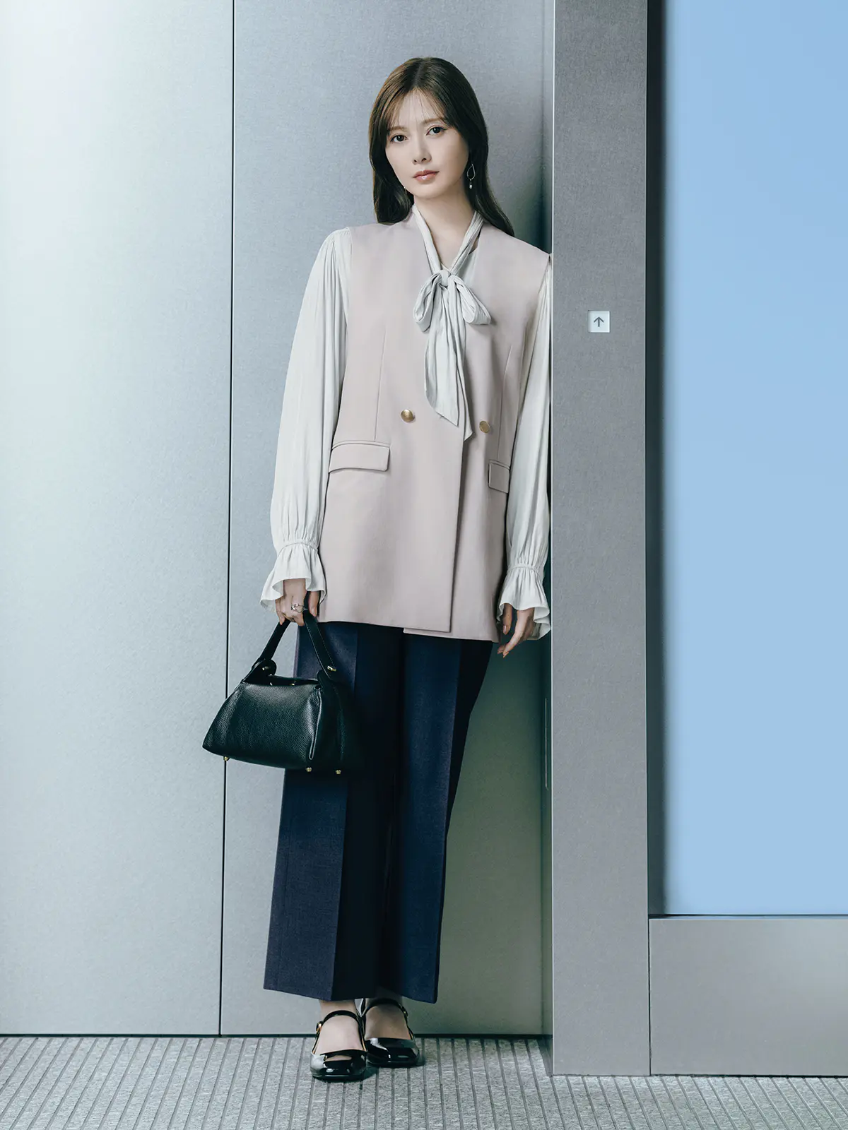 ボウタイブラウス/ウォッシャブル/接触冷感/割繊ポリエステル/無地 サックス 38(9号)