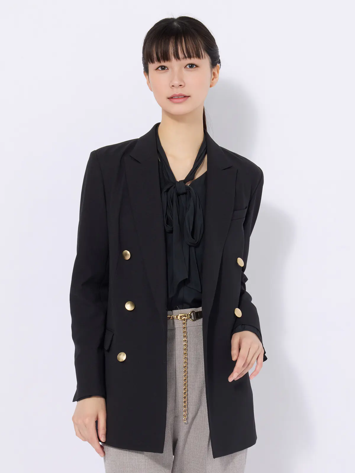 ボウタイブラウス／ウォッシャブル／接触冷感／割繊ポリエステル／無地 ネイビー 40(11号）