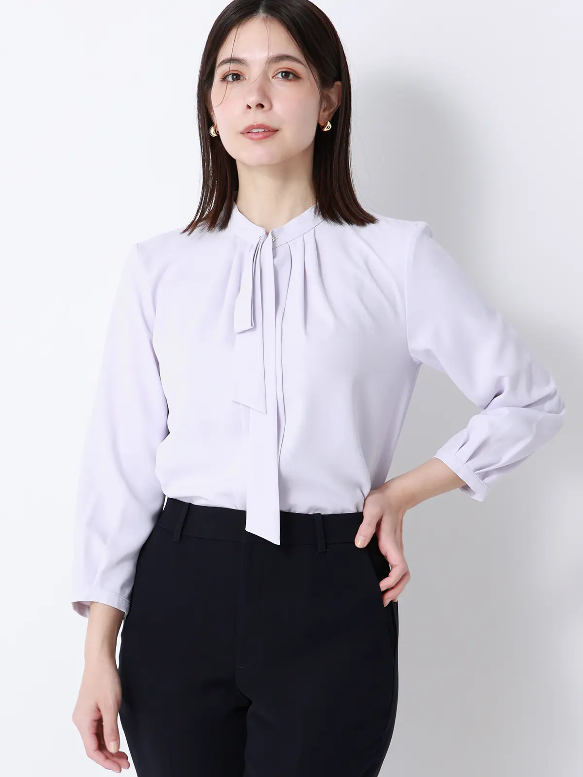 ボウタイブラウス／7分袖／ウォッシャブル／ジョーゼット／メタルパーツ ラベンダー 38(9号）