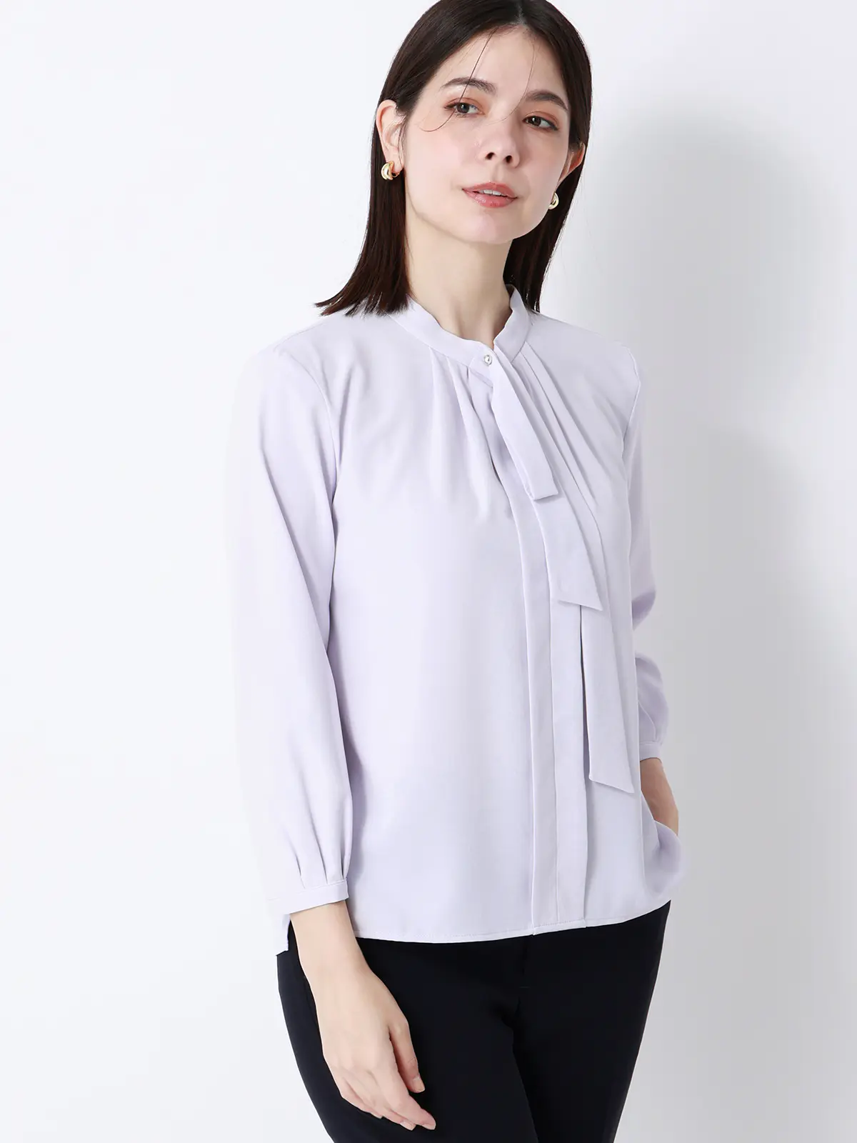 ボウタイブラウス／7分袖／ウォッシャブル／ジョーゼット／メタルパーツ ラベンダー 38(9号）