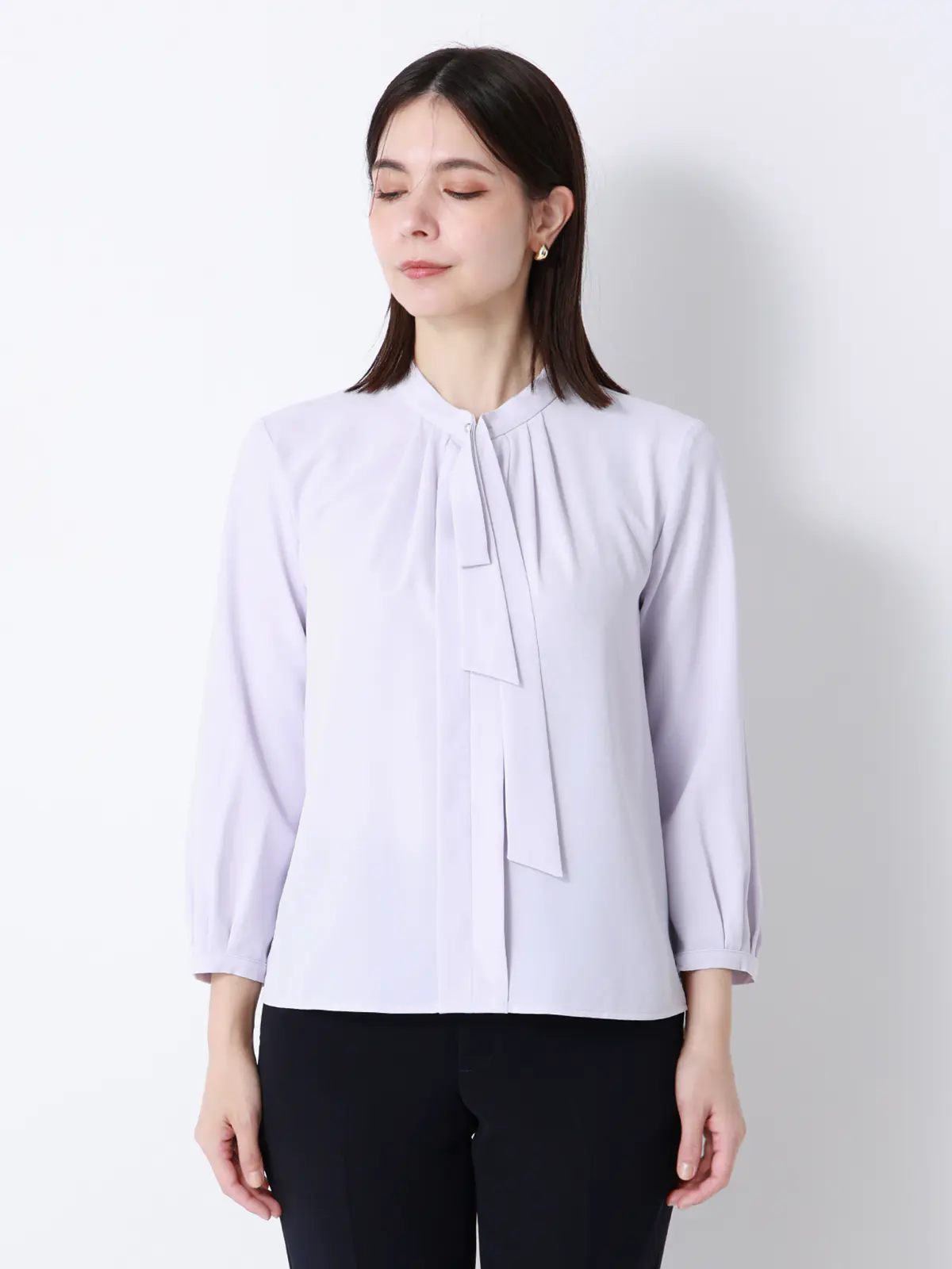 ボウタイブラウス／7分袖／ウォッシャブル／ジョーゼット／メタルパーツ ラベンダー 38(9号）