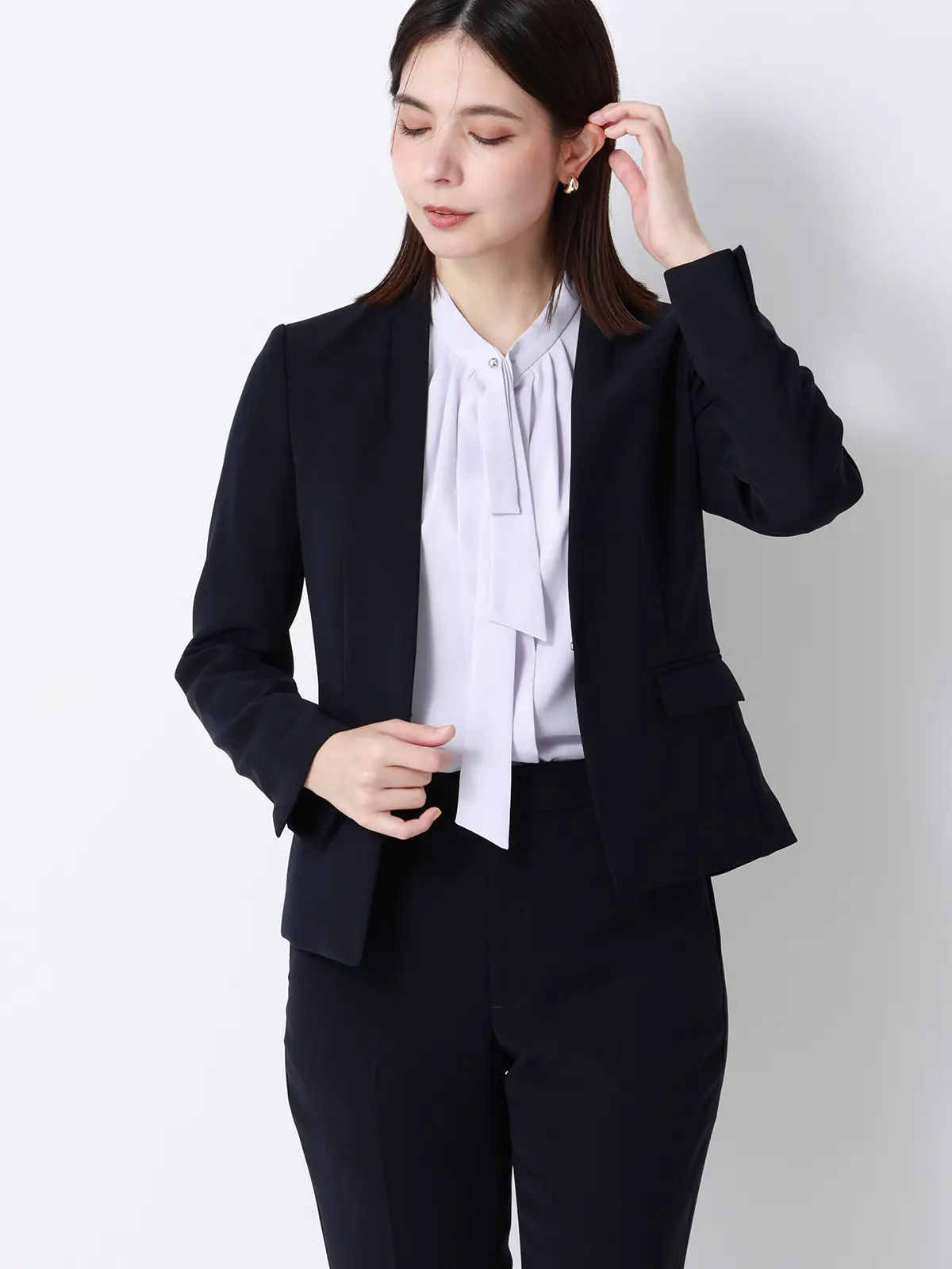 ボウタイブラウス／7分袖／ウォッシャブル／ジョーゼット／メタルパーツ ラベンダー 38(9号）