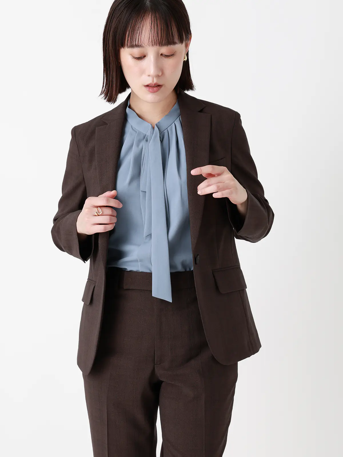 ボウタイブラウス/7分袖/ウォッシャブル/ジョーゼット/メタルパーツ ブルー 38(9号)