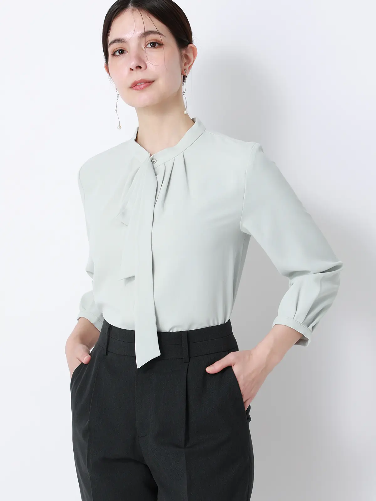 ボウタイブラウス／7分袖／ウォッシャブル／ジョーゼット／メタルパーツ ミント 38(9号）