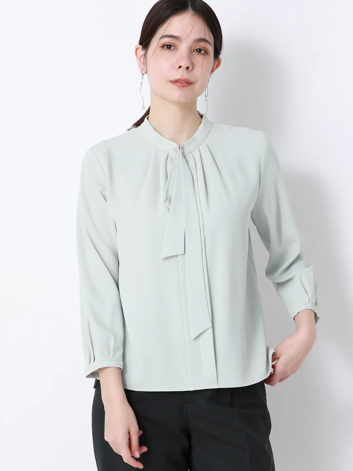 ボウタイブラウス／7分袖／ウォッシャブル／ジョーゼット／メタルパーツ ミント 38(9号）