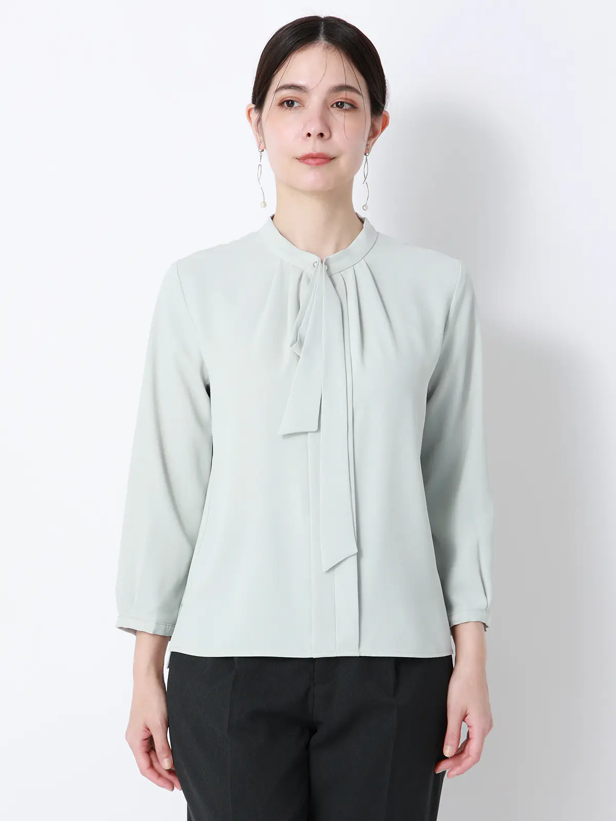 ボウタイブラウス／7分袖／ウォッシャブル／ジョーゼット／メタルパーツ ミント 38(9号）
