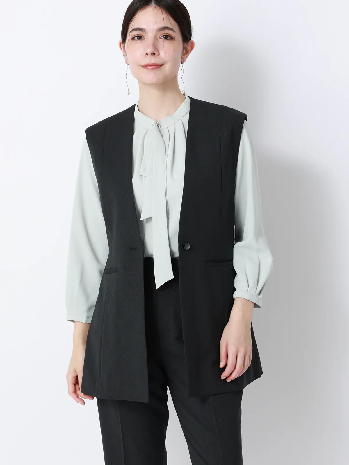 ボウタイブラウス／7分袖／ウォッシャブル／ジョーゼット／メタルパーツ ミント 38(9号）