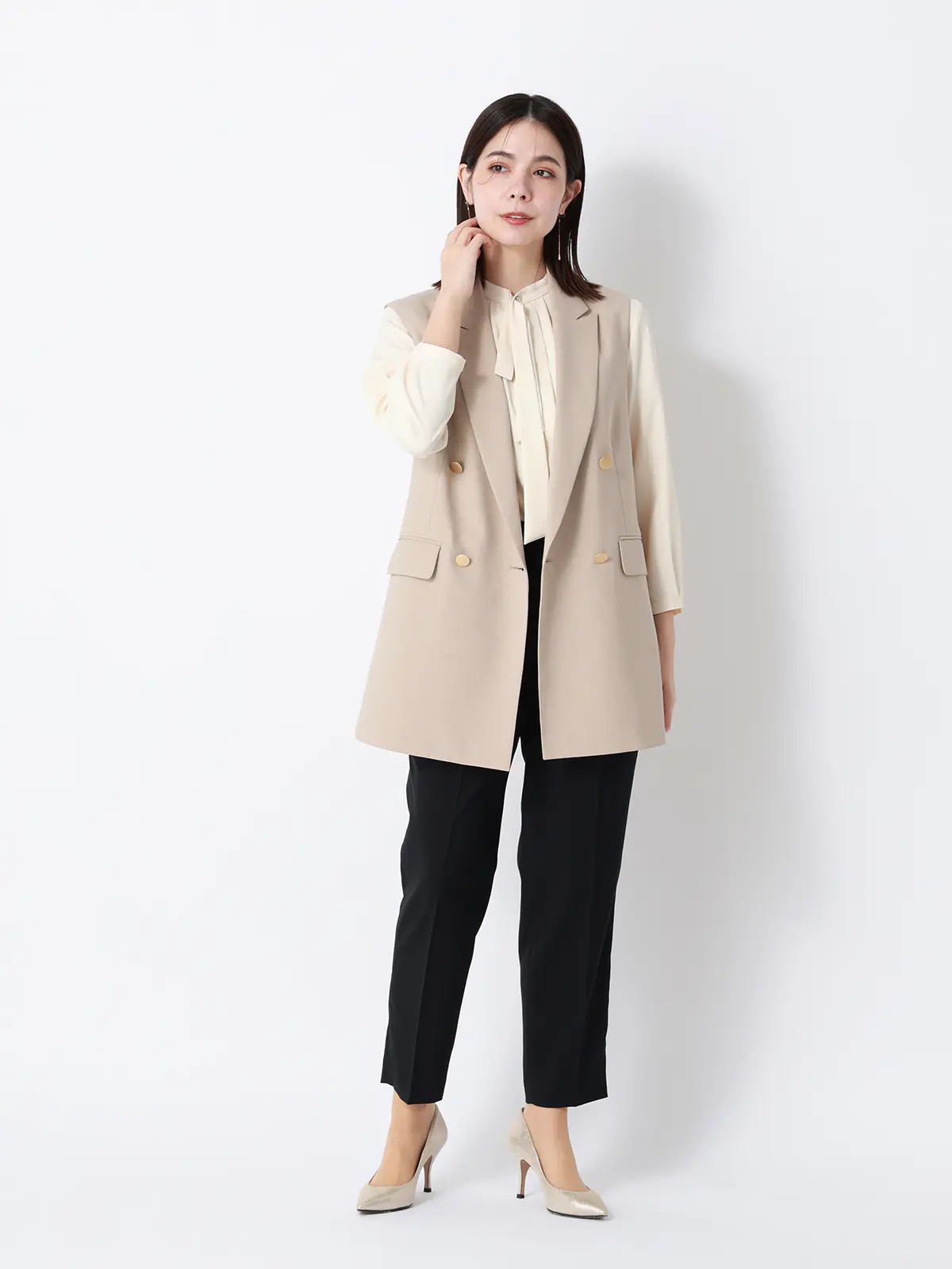 ボウタイブラウス／7分袖／ウォッシャブル／ジョーゼット／メタルパーツ クリーム 38(9号）