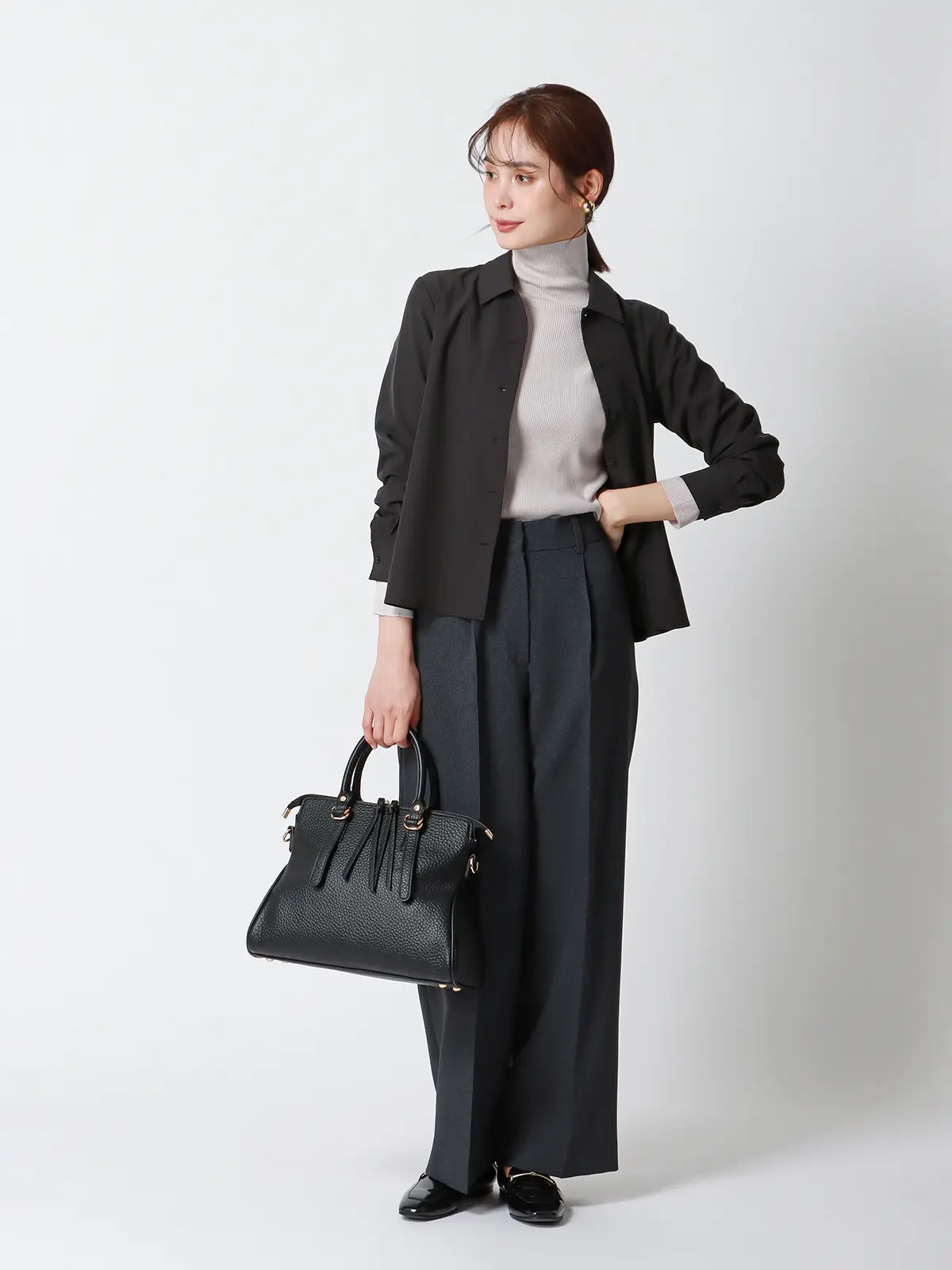 みんなのブラウス/シャツカラーブラウス/長袖/ウォッシャブル/ストレッチ/防シワ/無地 ブラック LL