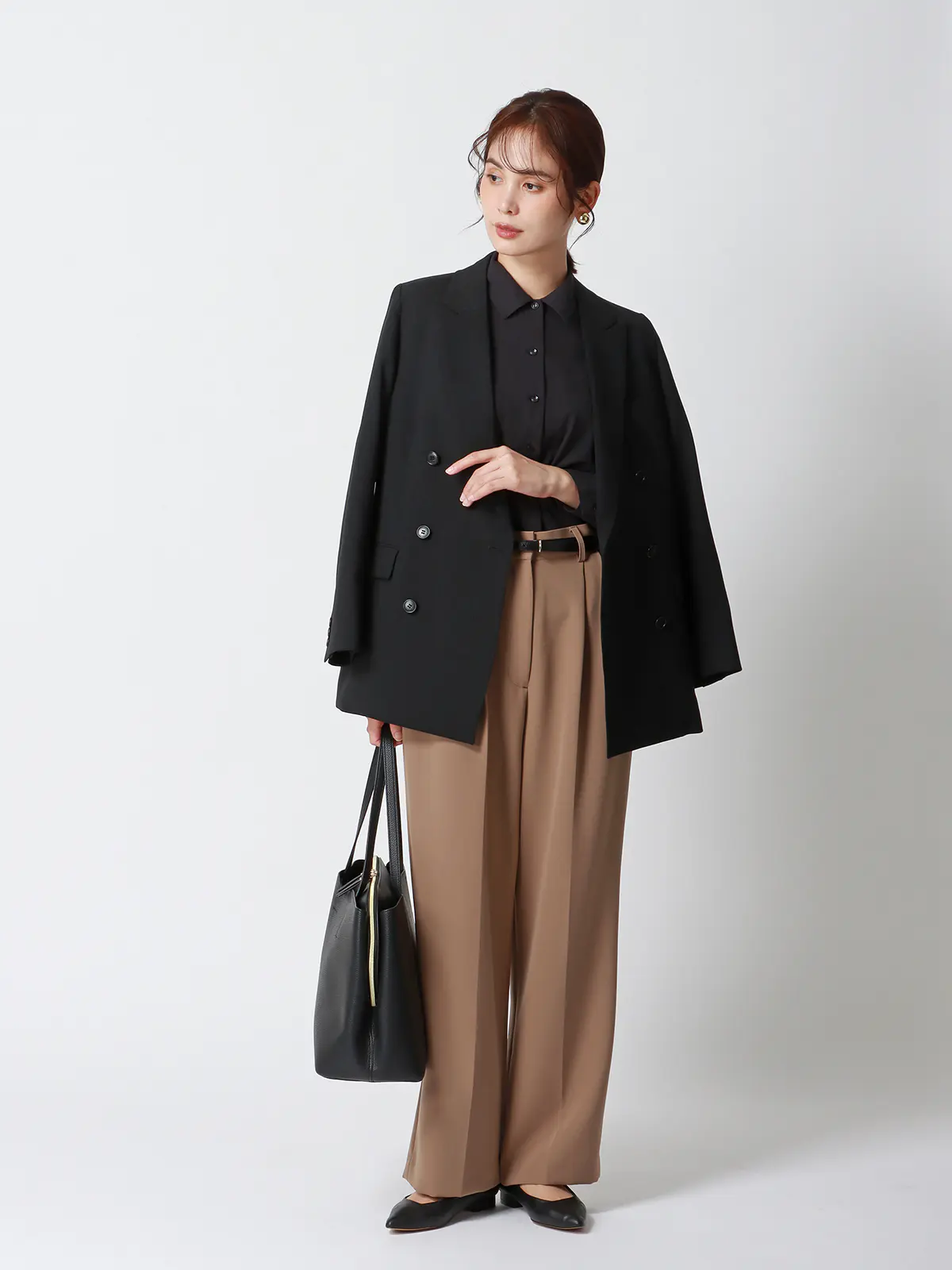 みんなのブラウス/シャツカラーブラウス/長袖/ウォッシャブル/ストレッチ/防シワ/無地 ブラック LL