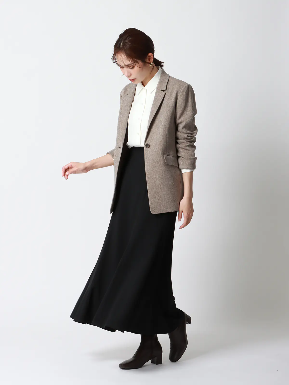 みんなのブラウス／シャツカラーブラウス／長袖／ウォッシャブル／ストレッチ／防シワ／無地 ホワイト LL