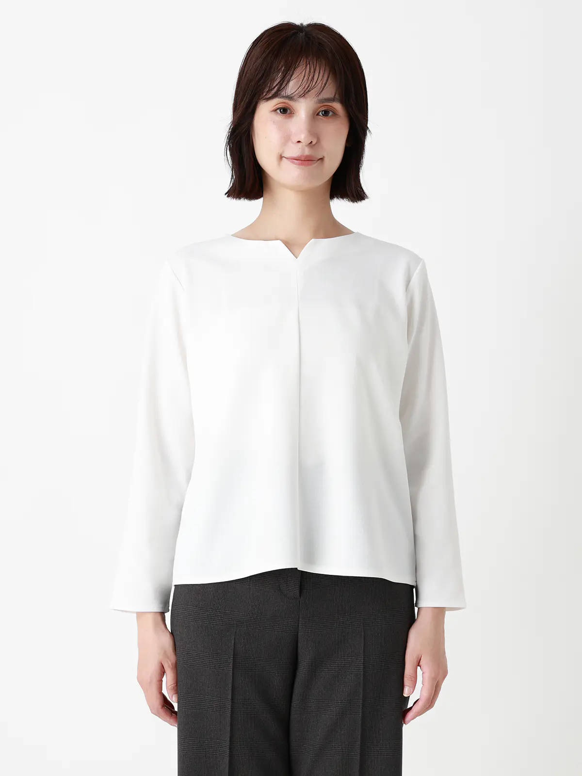 みんなのブラウス/キーネックブラウス/長袖/ウォッシャブル/ストレッチ/防シワ/UVカット/無地 ホワイト M