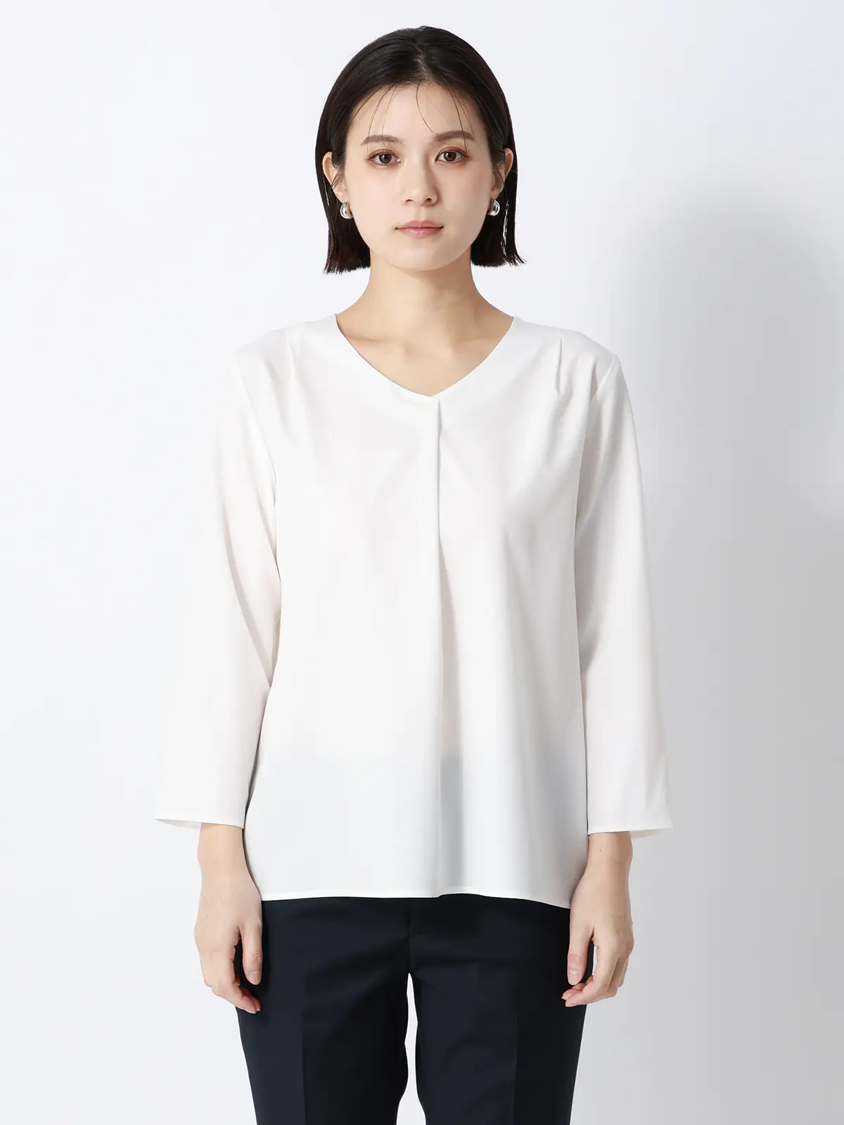 みんなのブラウス／Vネックブラウス／7分袖／ウォッシャブル／ストレッチ／無地 ホワイト M